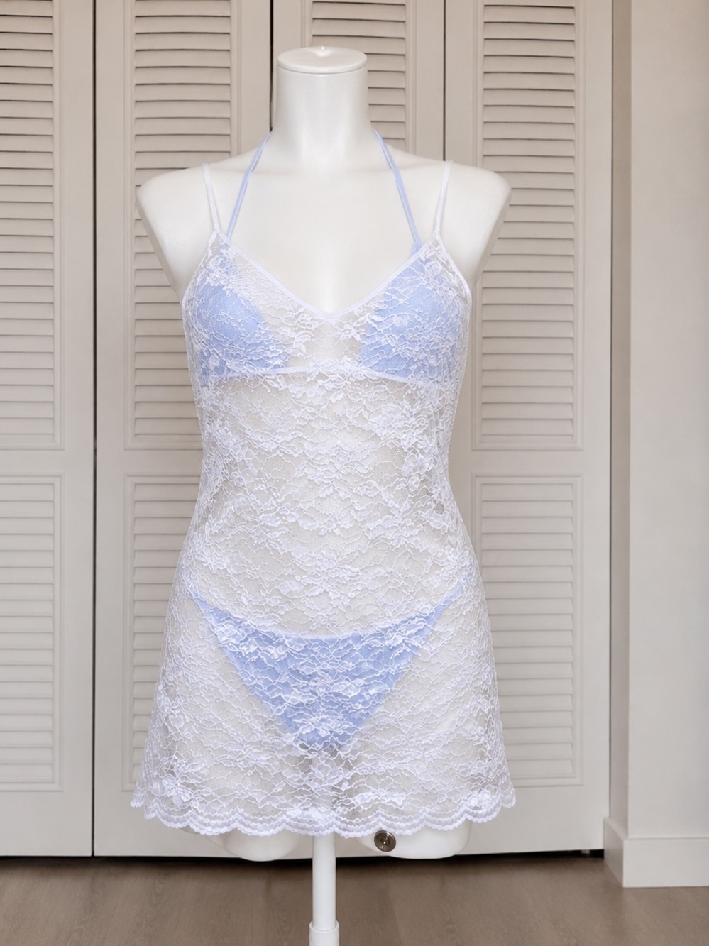 1980s Lady Cameo White Sheer Lace Mini Slip Dress
